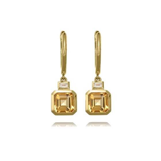 0.10ct Citrine and Diamond Bezel Set Drop Earrings