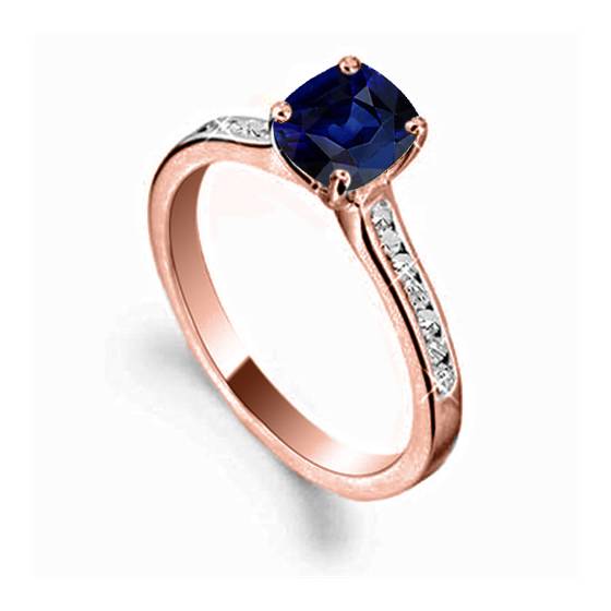Cushion Blue Sapphire and Diamond Shoulder Set Ring