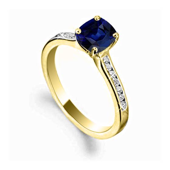 Cushion Blue Sapphire and Diamond Shoulder Set Ring