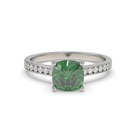 Fancy Emerald Green Cushion Diamond Shoulder Set Ring