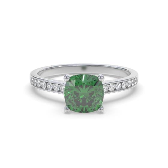 Fancy Emerald Green Cushion Diamond Shoulder Set Ring