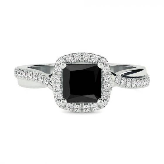 Princess Black Diamond Single Halo Shoulder Set Ring