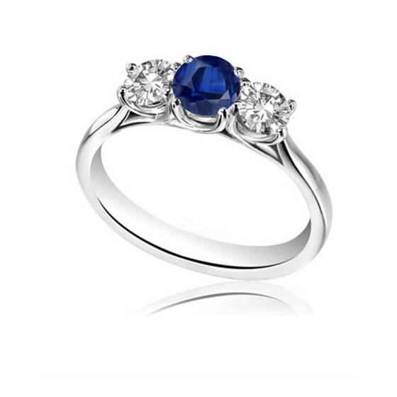 Modern Round Diamond and Blue Sapphire Trilogy Ring
