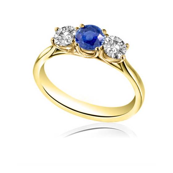 Modern Round Diamond and Blue Sapphire Trilogy Ring