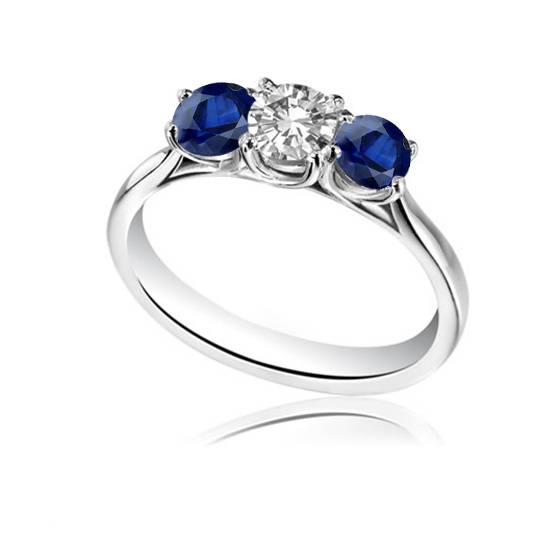 Modern Round Diamond and Blue Sapphire Trilogy Ring