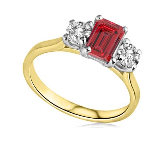 Emerald Cut Ruby Gemstone and Round Side Diamonds Trilogy Ring 