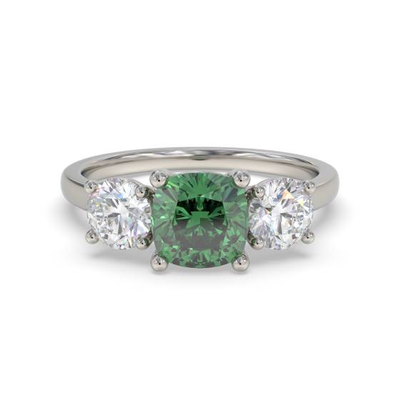 Emerald Green Cushion Diamond Trilogy Ring