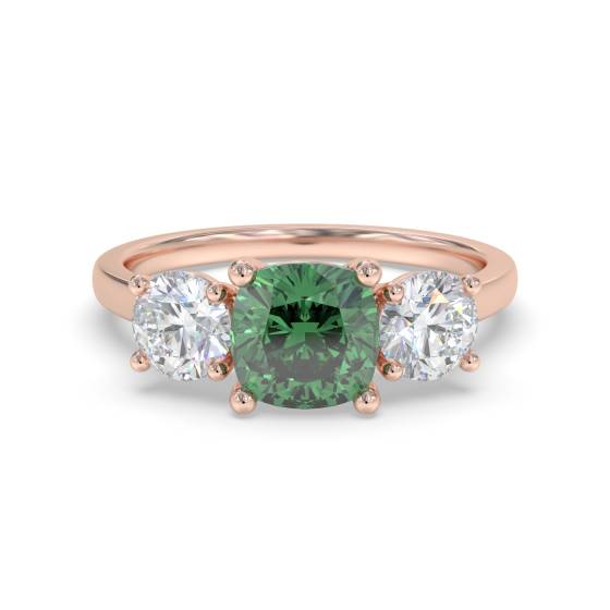 Emerald Green Cushion Diamond Trilogy Ring