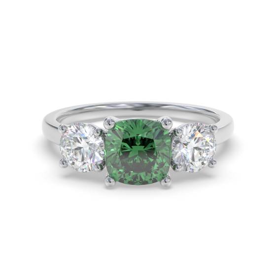 Emerald Green Cushion Diamond Trilogy Ring