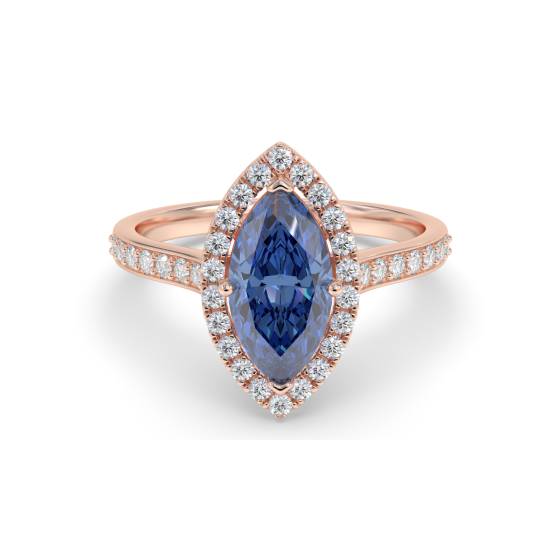 Blue Sapphire Marquise Shaped Diamond Single Halo Shoulder Set Ring