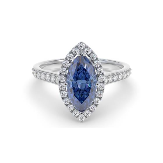 Blue Sapphire Marquise Shaped Diamond Single Halo Shoulder Set Ring