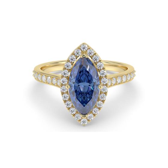 Blue Sapphire Marquise Shaped Diamond Single Halo Shoulder Set Ring