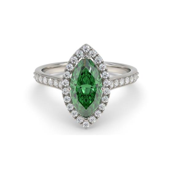 Green Emerald Marquise Shaped Diamond Single Halo Shoulder Set Ring