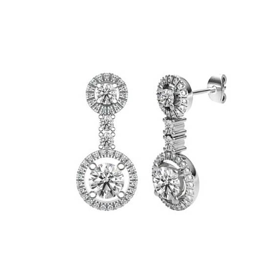 2.00ct SI1/F Natural Round Diamond Halo Drop Earrings in 18k White Gold