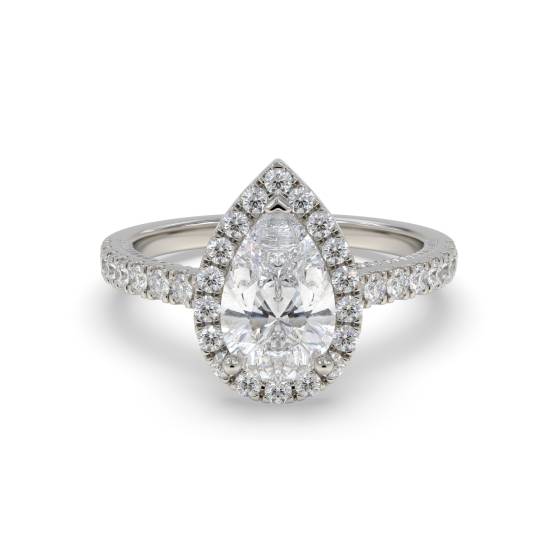 1.25ct Pear Diamond Halo Round Milgrain Side Detail Shoulder Set Ring