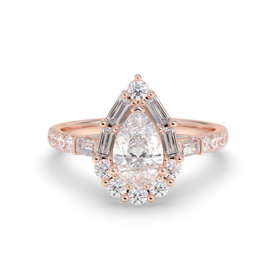 1.00ct Pear Diamond Halo Baguette and Round With Baguette Sides and Round Shoulder Set Ring