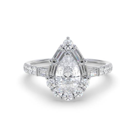 1.00ct Pear Diamond Halo Baguette and Round With Baguette Sides and Round Shoulder Set Ring