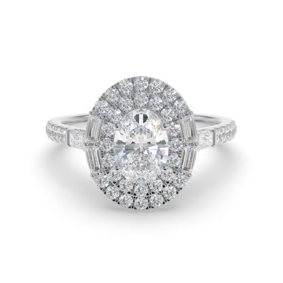 1.00ct Oval Diamond Double Halo Round and Baguette Side and Shoulder Set Ring