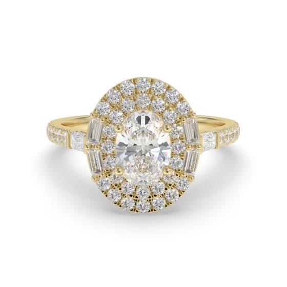 1.00ct Oval Diamond Double Halo Round and Baguette Side and Shoulder Set Ring