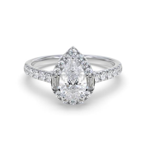 1.00ct Pear Diamond Halo Round and Baguette Shoulder Set Ring