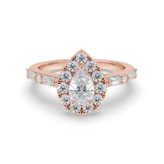0.75ct Pear Diamond Halo Baguette and Round Shoulder Set Ring