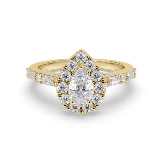 0.75ct Pear Diamond Halo Baguette and Round Shoulder Set Ring