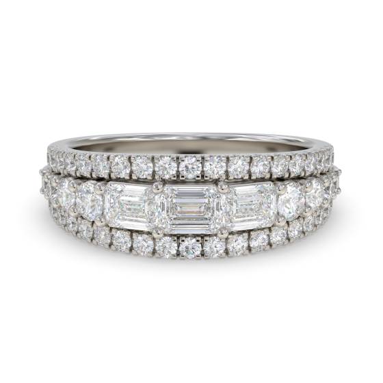 Emerald Diamond Horizontal and Round Three Row Prong Set Eternity Ring