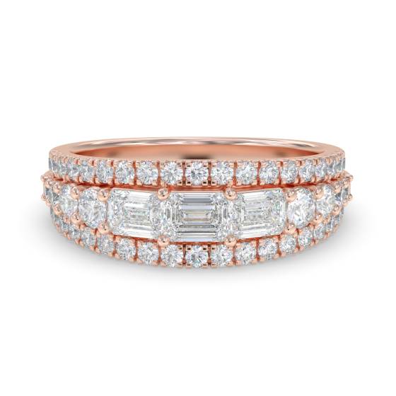 Emerald Diamond Horizontal and Round Three Row Prong Set Eternity Ring