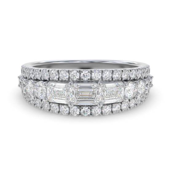 Emerald Diamond Horizontal and Round Three Row Prong Set Eternity Ring