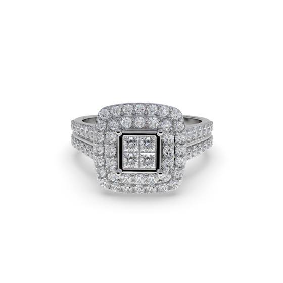 Double Halo Round and Princess Diamond Cluster Shoulder Set Ring