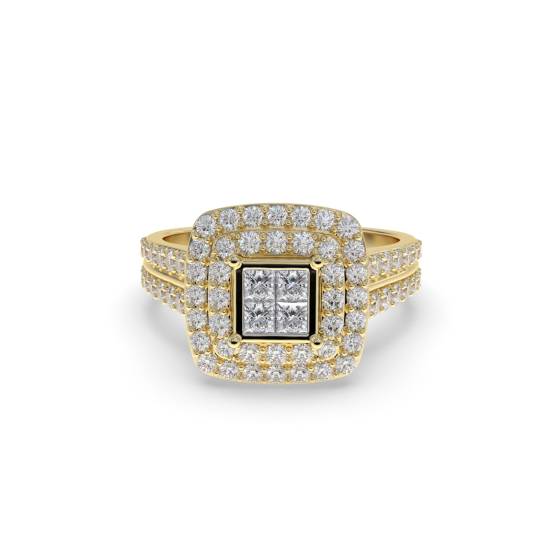 Double Halo Round and Princess Diamond Cluster Shoulder Set Ring