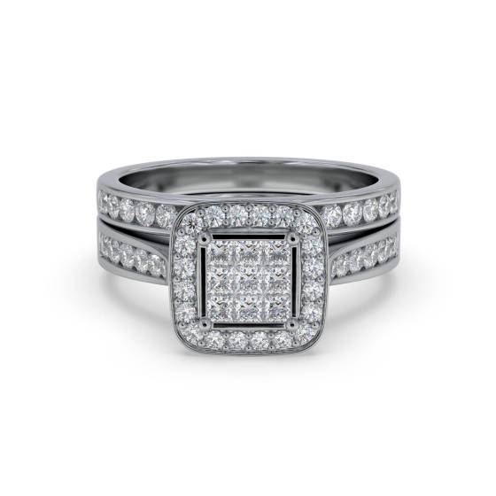 Single Halo Princess Diamond Cluster Bridal Set