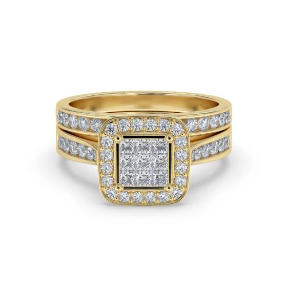 Single Halo Princess Diamond Cluster Bridal Set