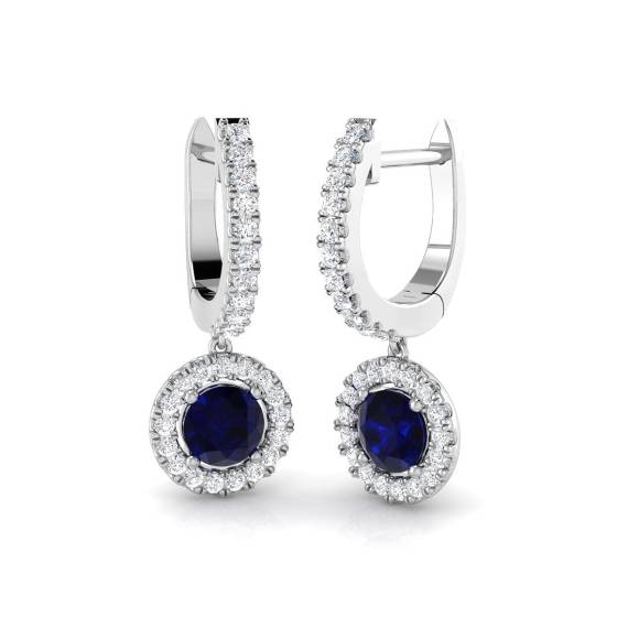 Round Blue Sapphire and Round Diamond Halo Drop Earrings