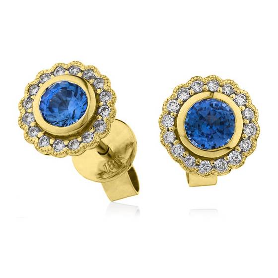 Round Blue Sapphire and Diamond Cluster Earrings