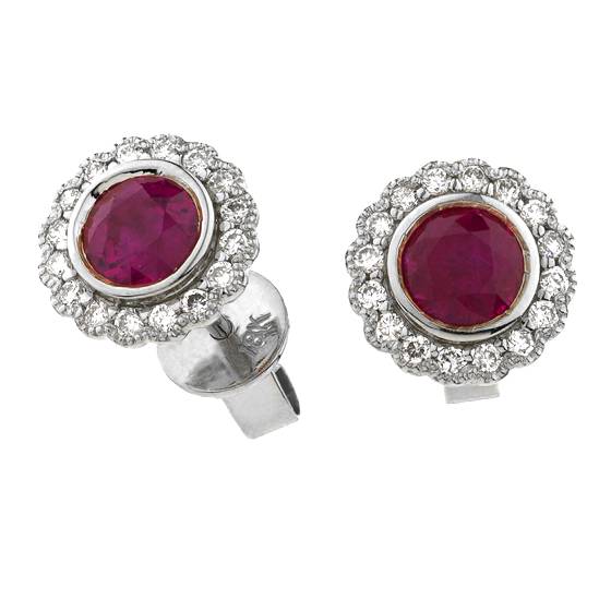 Round Ruby and Diamond Bezel Set Cluster Earrings