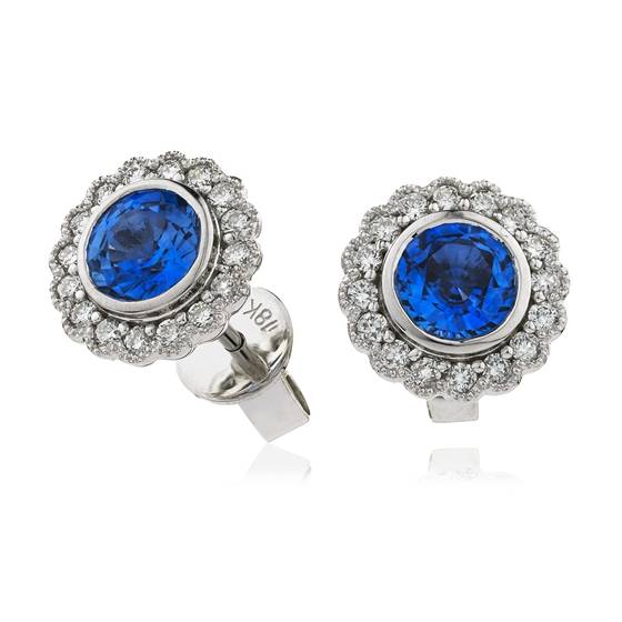 Round Blue Sapphire and Diamond Cluster Earrings