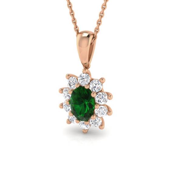 1.40ct VS/E-F Oval Emerald Gemstone and Round Diamond Halo Pendant