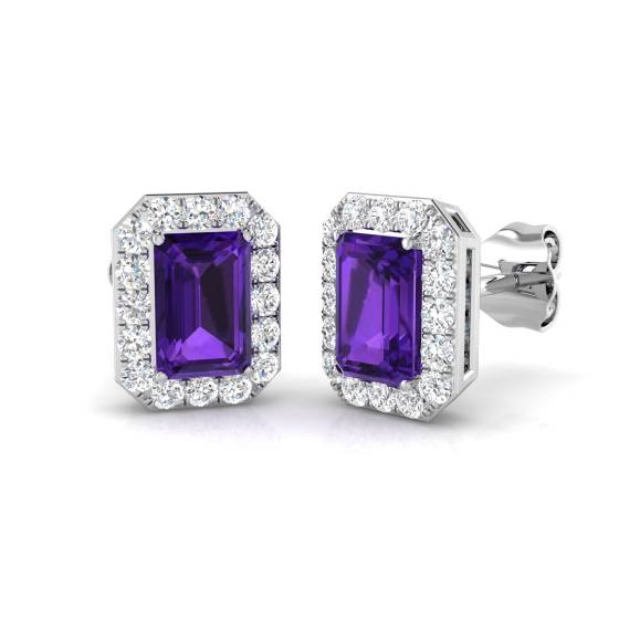 Emerald Cut Amethyst and Round Diamond Halo Earrings