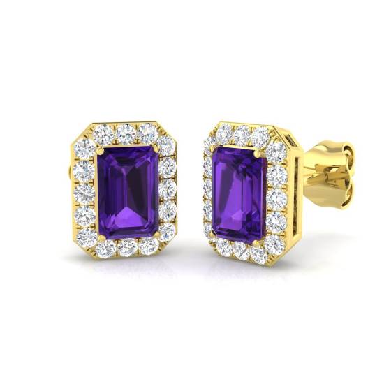Emerald Cut Amethyst and Round Diamond Halo Earrings