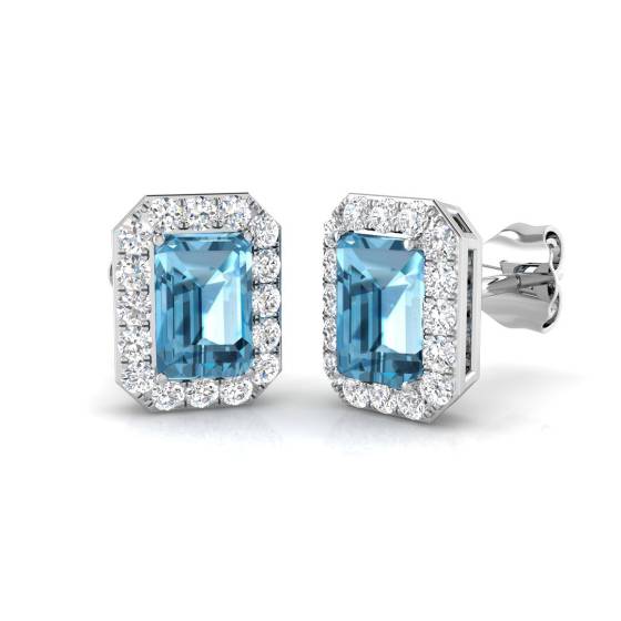 Blue Topaz Emerald and Round Diamond Halo Earrings
