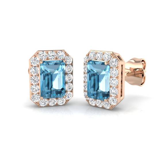 Blue Topaz Emerald and Round Diamond Halo Earrings