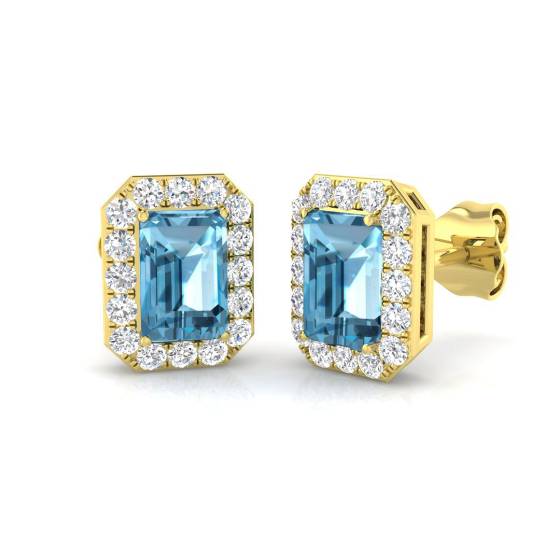 Blue Topaz Emerald and Round Diamond Halo Earrings