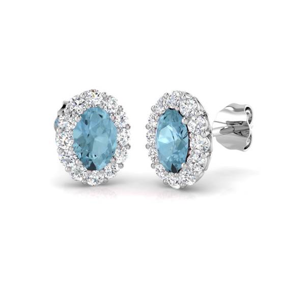 Oval Aquamarine and Round Diamond Halo Earrings