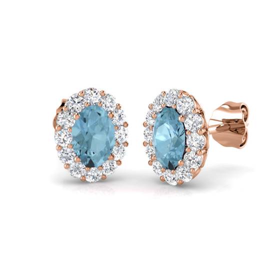 Oval Aquamarine and Round Diamond Halo Earrings