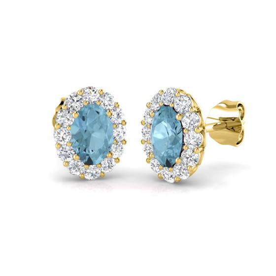 Oval Aquamarine and Round Diamond Halo Earrings