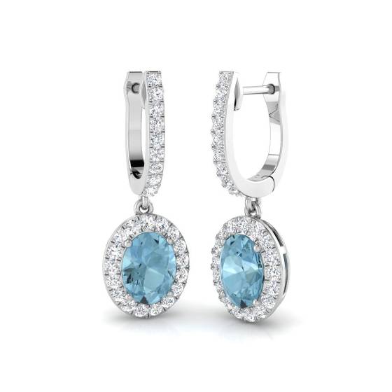 Aquamarine Oval and Round Diamond Halo Drop Earrings