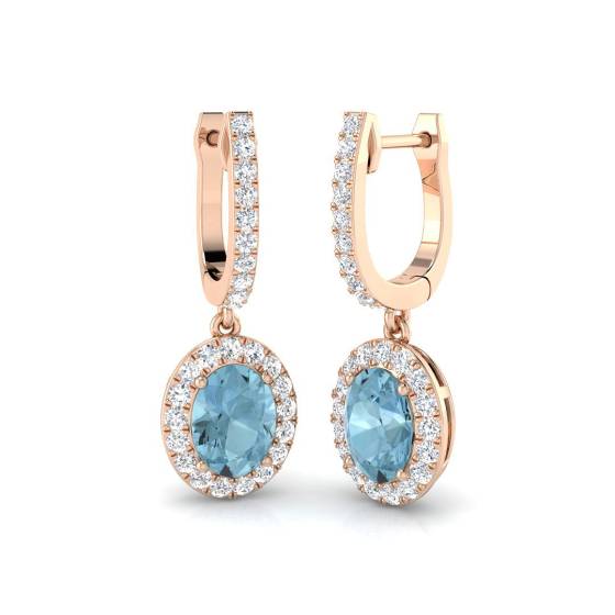 Aquamarine Oval and Round Diamond Halo Drop Earrings