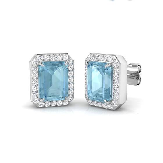 Emerald Aquamarine and Rond Diamond Halo Earrings