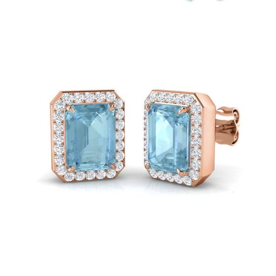 Emerald Aquamarine and Rond Diamond Halo Earrings